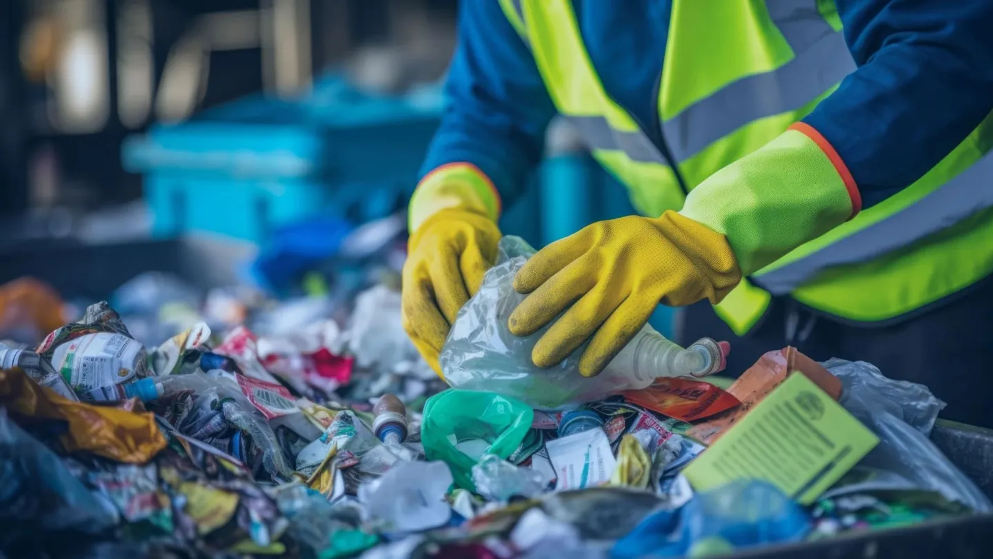 Worker in protective gloves sorting recyclable materials on a conveyor