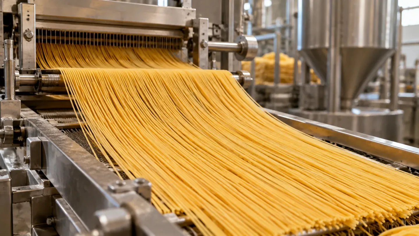 Pasta strands moving through stainless-steel food production machinery