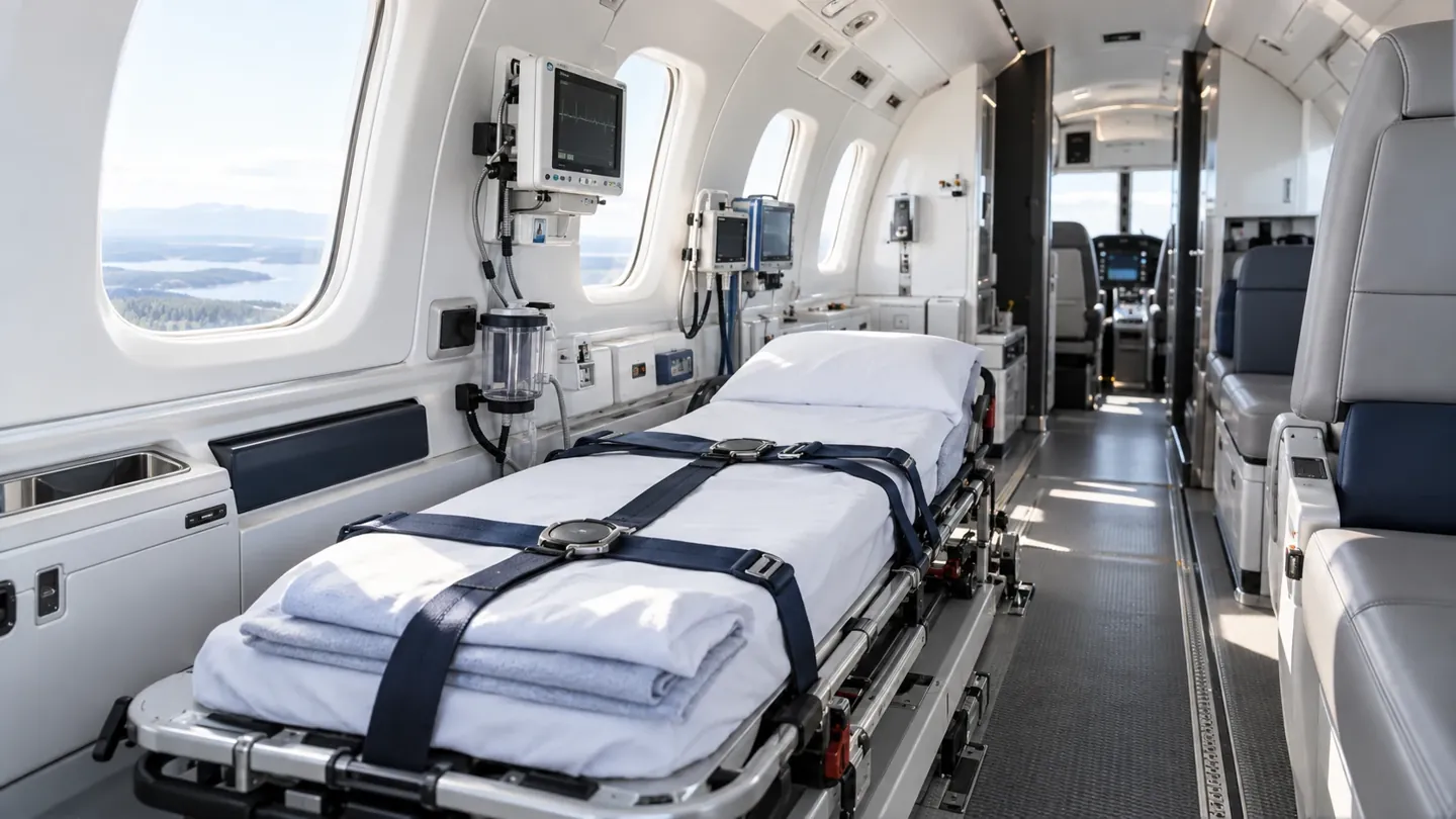 Air ambulance interior with a stretcher and medical equipment