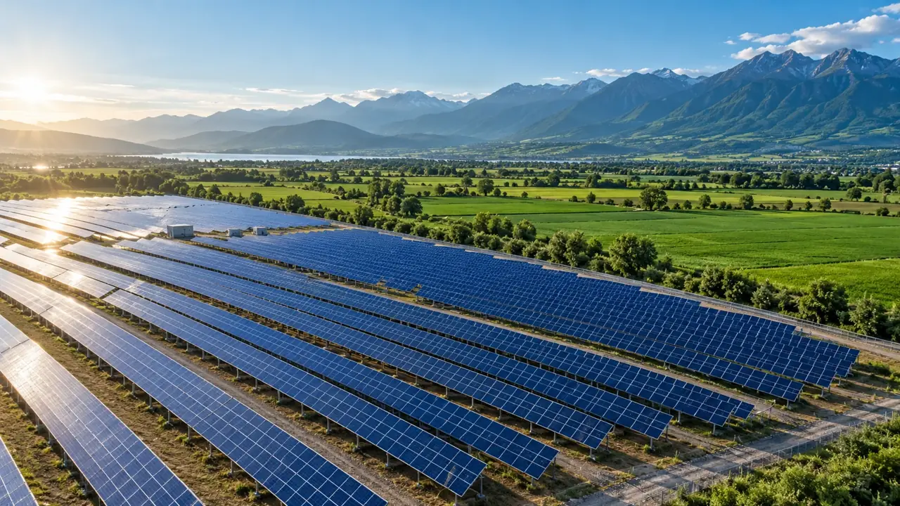 Solar panels alongside green fields and mountains in morning light